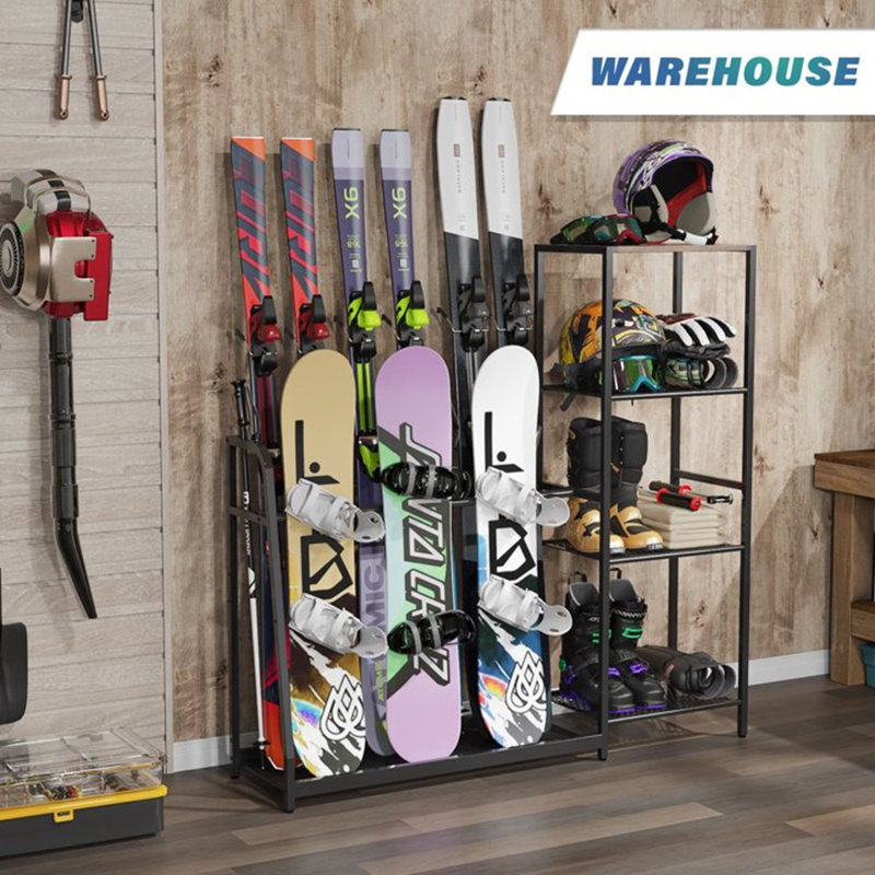 Support de rangement pour skis de garage intérieur, organisateur de rangement mural pour skis et planches à neige pouvant accueillir 4 paires de skis, 3 planches à neige, bottes, bâtons, casques et lunettes