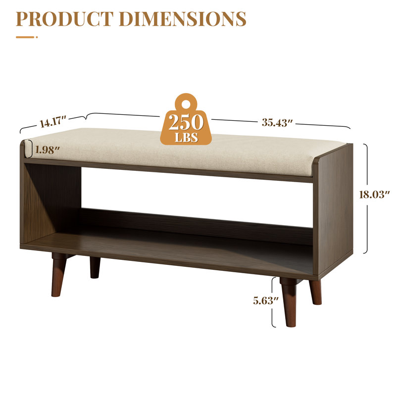 Linen Upholstered Storage Bench With Solid Wood Leg, Brown