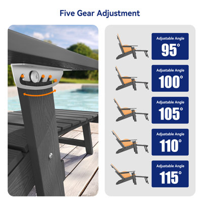 Chaise pliante Adirondack d'extérieur réglable avec repose-pieds et 2 porte-gobelets Chaise de patio réglable à 5 niveaux pour pelouse, bord de piscine, patio, gris