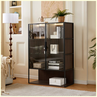Vitrine lumineuse moderne autoportante avec tablettes en verre réglables à 4 niveaux et porte en verre