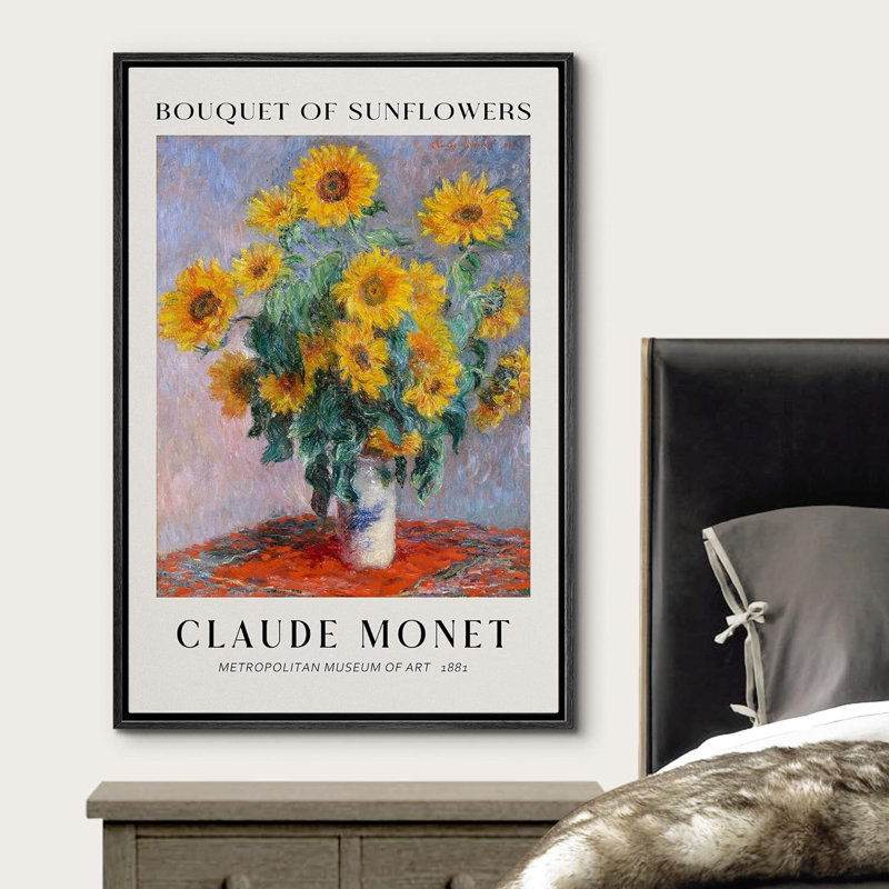 Tournesol, œuvre d'art classique «Bouquet of Sunflowers» par Claude Monet, reproduction sur toile flottante, Noir