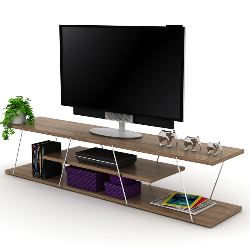 56 Inch Low Tv Stand With 4 Shelves Open, Mid Century Modern, Walnut/, Solid Wood Stand, Low, Walnut/ Finish, Entertainment Storage Unit