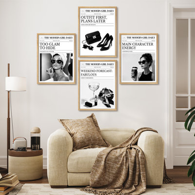 Modern Girl Daily Fashion Editorial Glam Quotes and Chic Luxury Accessories Newspaper Style Framed Wall Art Prints Set of 4 - Bedroom, dressing room, vanity area or walk-in closet decor