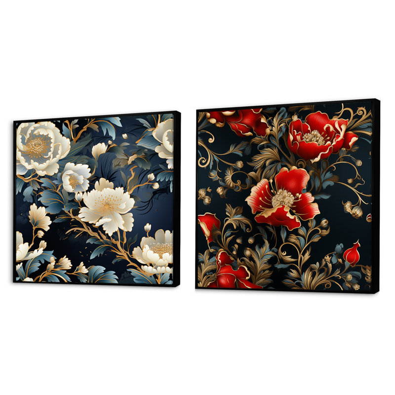 Chavanne - Ensemble de 2 collages carrés botaniques abstraits, Cadre flottant noir, H 16 po x l 33 po