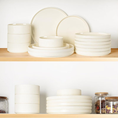  24 Pieces Porcelain Lightweight Plates And Bowls Sets, Ceramic Dinnerware Sets For 8, Scratch Resistant Dish Set, Oven & Microwave & Dishwasher Safe, Beige