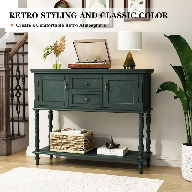 Green Narrow Long Sofa Table, Hallway Shoe rack with 2 Drawers