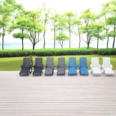 Adjustable Patio Chaise Lounges, HDPE Wood Grain Modern Poolside Set