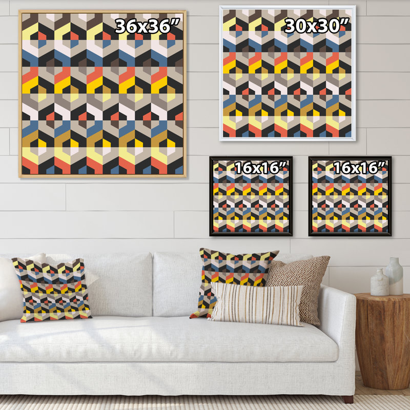 " Yellow Blue And Orange Geometrics ", Black Floater Frame, 36" H x 36" W x 1" D
