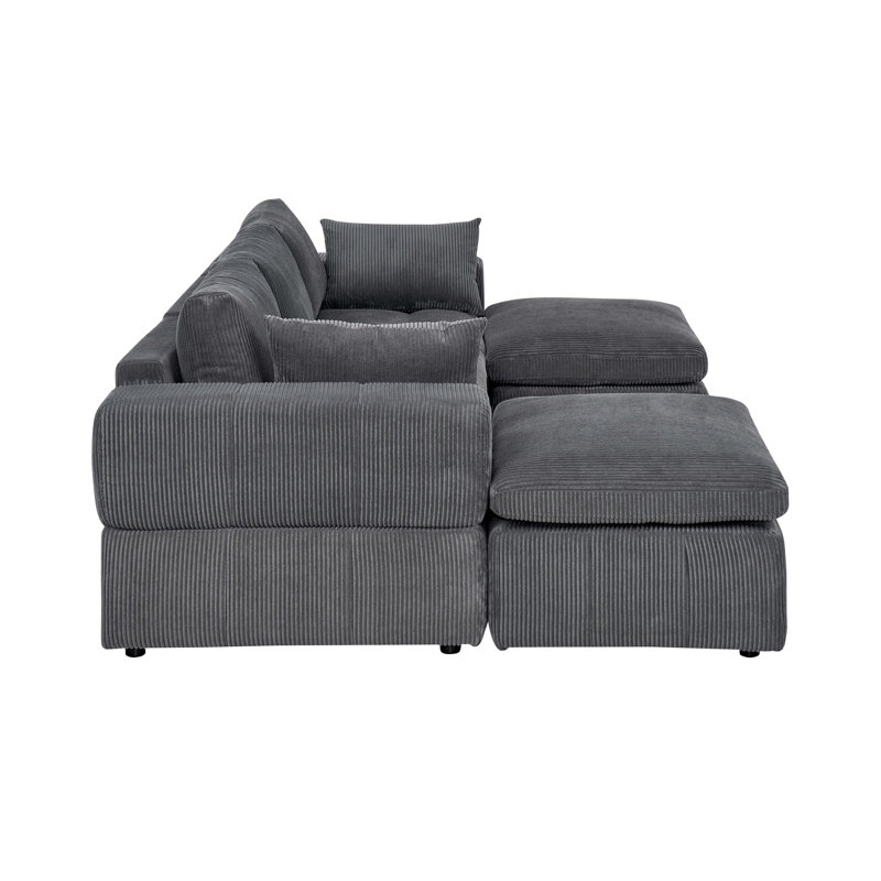 Large Arms Cordory Upholstered Modular Sectional With 2 Ottomans, Dark Gray Corduroy