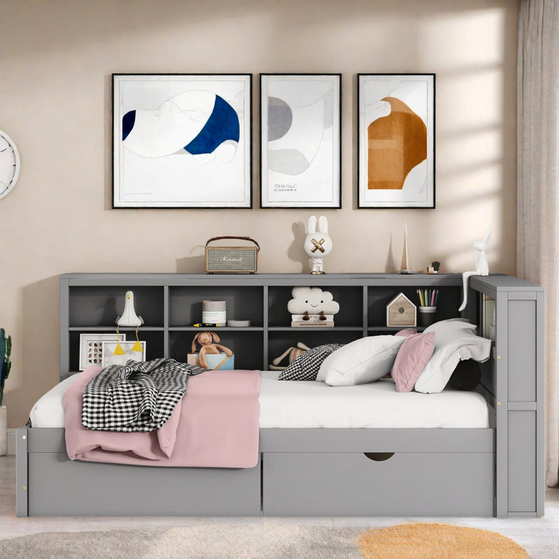 Wooden Daybed With 2 Drawers, Storage Shelf And Usb Charging Ports, Gray