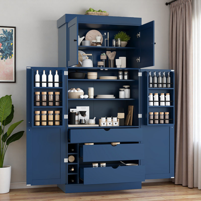 Grand garde-manger autoportant avec tablettes réglables, tablettes de porte, tiroirs et porte-bouteilles, Marine