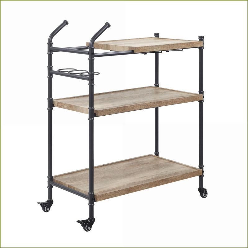 Brantley Oak &amp; Sandy Black Serving Cart with 3 Tier Shelves, Metal Wheels | Oak,Sand | Metal,Synthetic Wood