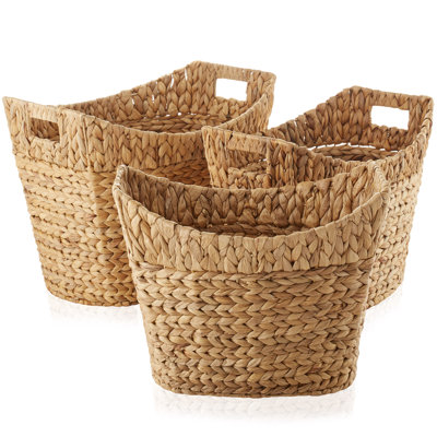 Casafield Oval Storage Baskets with Handles (Set of 3), Woven Water Hyacinth Laundry Baskets
