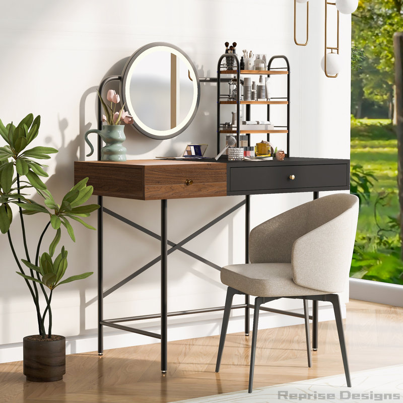 40" Black MDF and Iron Makeup Vanity Desk with Lighted Mirror