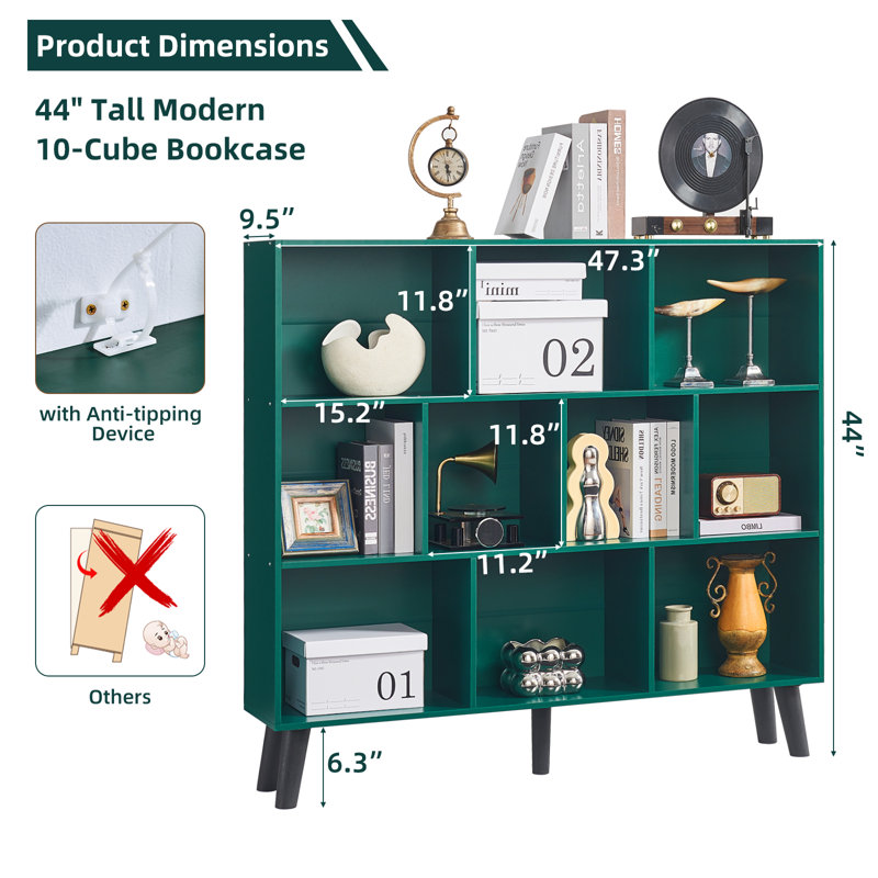10 Cube Bookshelf,3 Tier Modern Wide Bookcase With Legs,Mid-Century Wood Bookshelves Storage，Retro Large Book Case,Freestanding Organizer Display Shelf For Bedroom,Living Room,Office