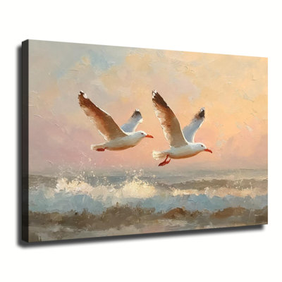 Deux mouettes volant au-dessus des vagues de l'océan au coucher du soleil, grande reproduction d'art sur toile tendue pour salon