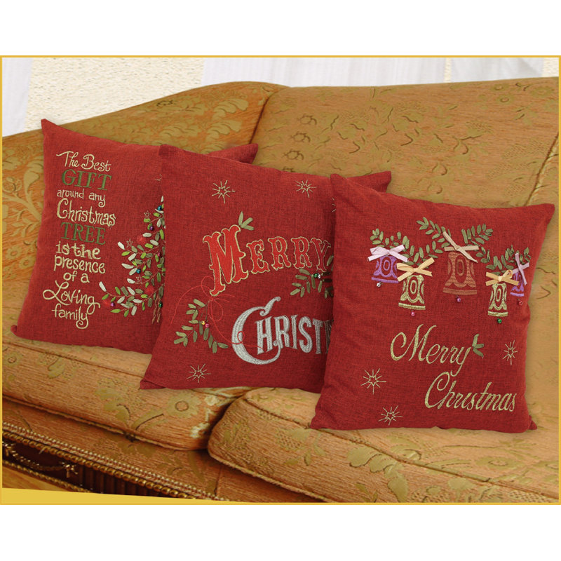 Red Embroidered Christmas Tree Polyester Throw Pillow