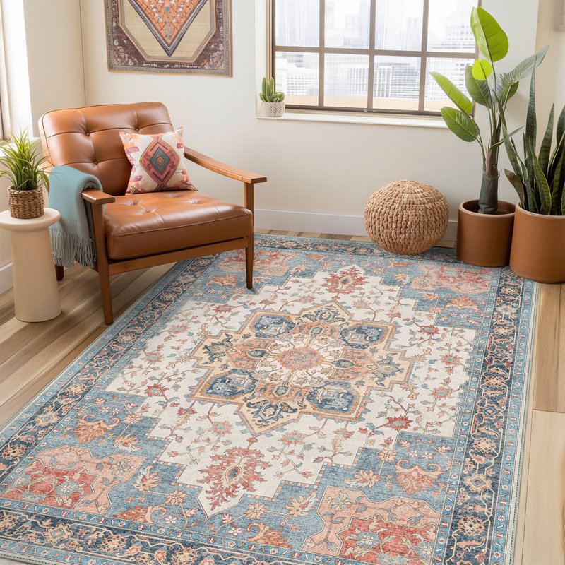 Tapis oriental bleu / rouge lavable à la machine Roehit, Rectangle 6 pi x 9 pi, Bleu / rouge / beige / orange