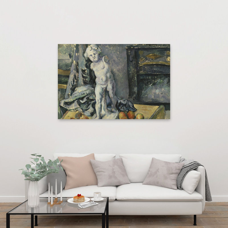 Nature morte au Cupidon en plâtre, estampe d'art mural contemporaine abstraite impressionniste des années 1890 représentant des fruits