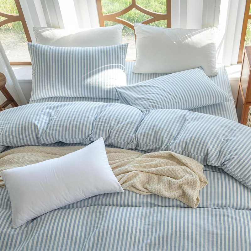 100% Washed Cotton Striped Duvet Cover Set Linen Like Comforter Set, Full Duvet Cover + 2 Shams, Cornflower Blue/White