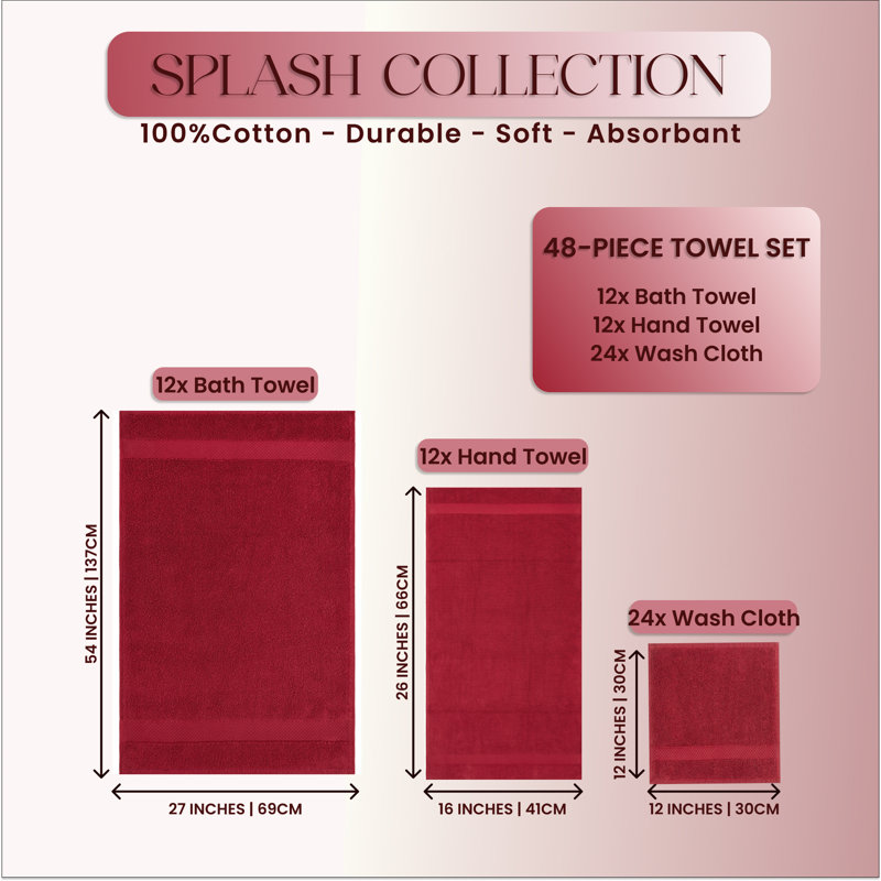 Ensemble de serviettes Splash 100% coton zéro torsion, serviettes de bain, essuie-mains et débarbouillettes, serviettes absorbantes douces 550 g / m² pour salle de bain, spa et usage quotidien, certifié OEKO-TEX, paquet de 48, rouge