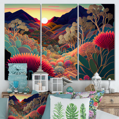 Colorful Flowers During Golden Hour I - Landscape Mountains Canvas Wall Art Set