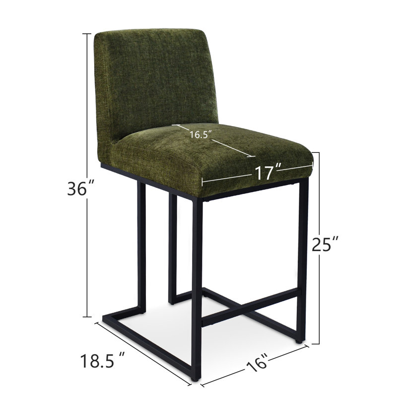 25" Counter Height Upholstered Bar Stools With Textured Fabric Seats And Black Metal Base, Green