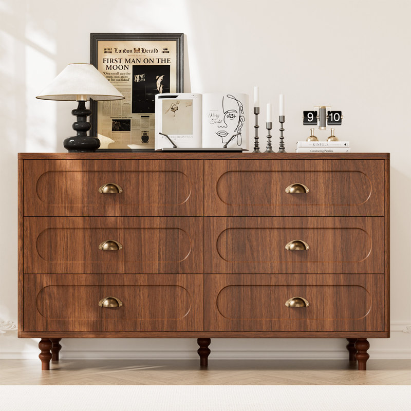 Commode 6 tiroirs, commode double l 47 po avec pieds en bois massif, commode pour chambre à coucher, salon, noyer