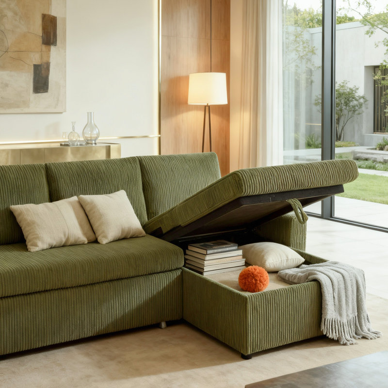 L-shape 81" Wide Space-Saving Sleeper Sofa Upholstered Pull-out Sofa Bed, Green Velvet