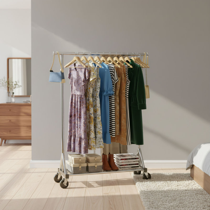 Portant à vêtements robuste en acier inoxydable argenté avec tablettes en filet, roulettes verrouillables et tapis antidérapants. Son design multifonctionnel le rend plus pratique.