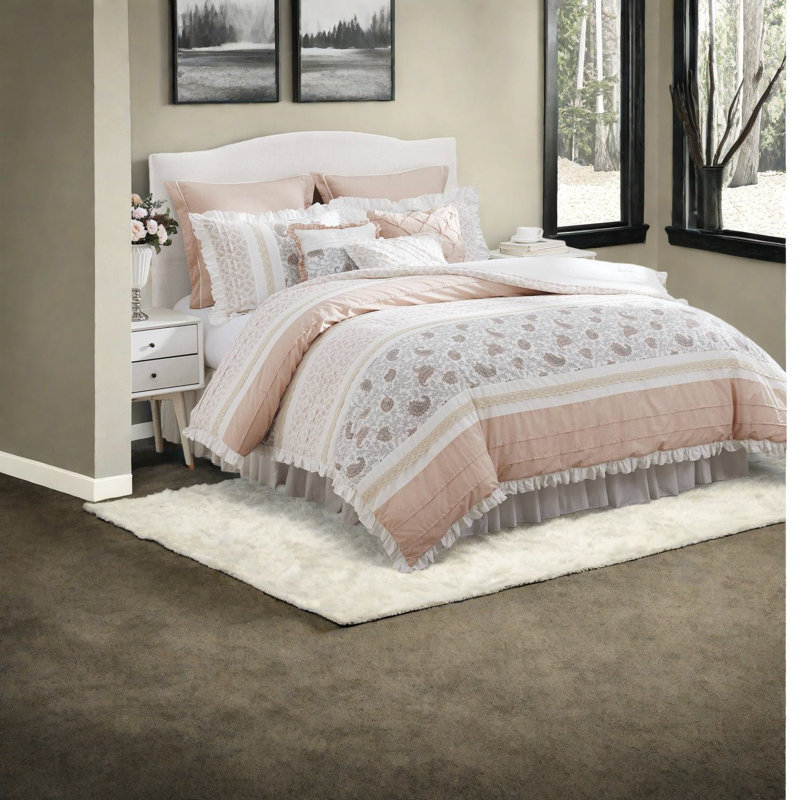 Elegant 9 Piece Bedding Set, Polyester Comforter With Farmhouse Flair
