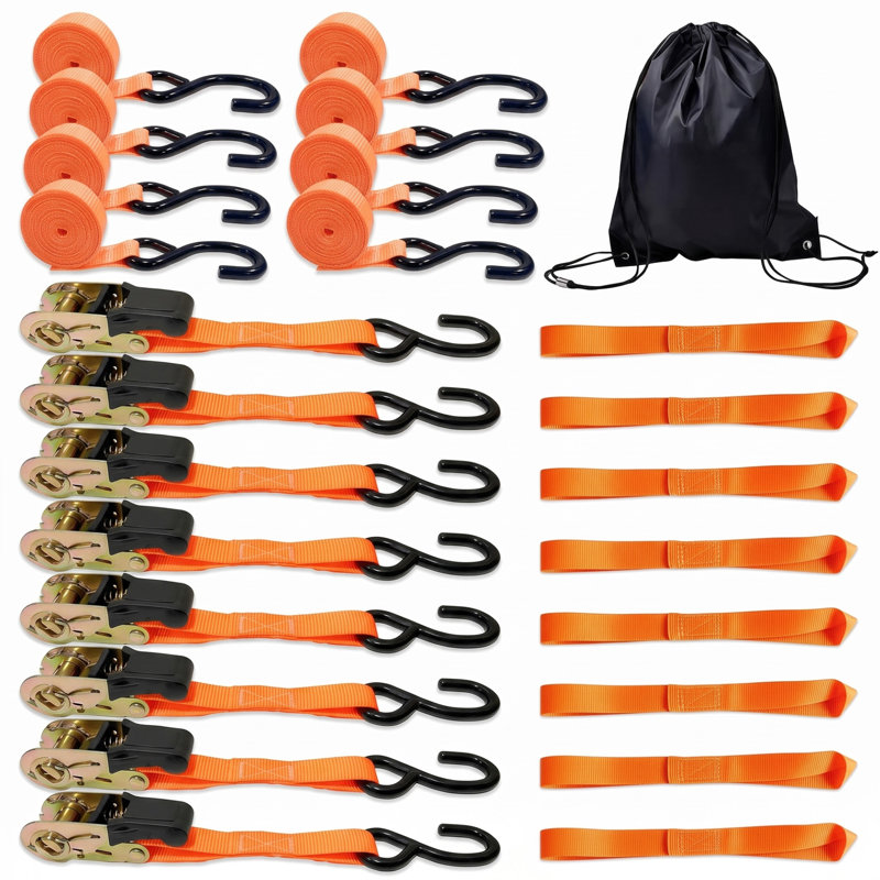 Ensemble de sangles à cliquet, 8 sangles longues et 8 sangles courtes en polyester avec crochet en S, sangles à cliquet robustes avec sac de rangement étanche pour sécuriser le chargement, les motos, les remorques et les déménagements