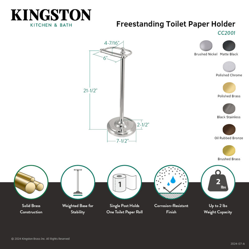 Porte-papier hygiénique sur pied Kingston, Chrome poli