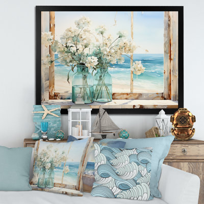 Blue Window Beachfront View Blooms I - Coastal Windows Wall Art