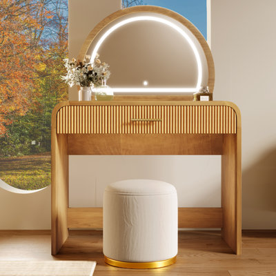 Coiffeuse 39 "avec miroir à écran tactile, tiroir, finition en bois naturel, coiffeuse multifonctionnelle