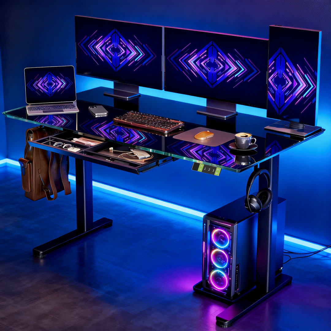 Omeed Home Office Tempered Glass Standing Desk with Drawer and Hooks Inbox Zero Color 