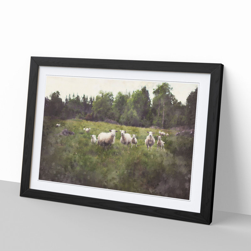 Curious Sheep - Picture Frame Painting, 27cm H x 36cm W x 2cm D, Black Framed