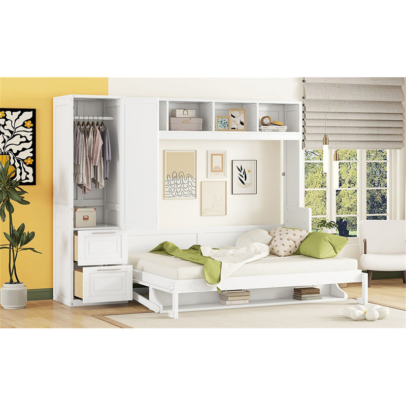 Lit escamotable Murphy avec placard et tiroirs, Blanc, Grand