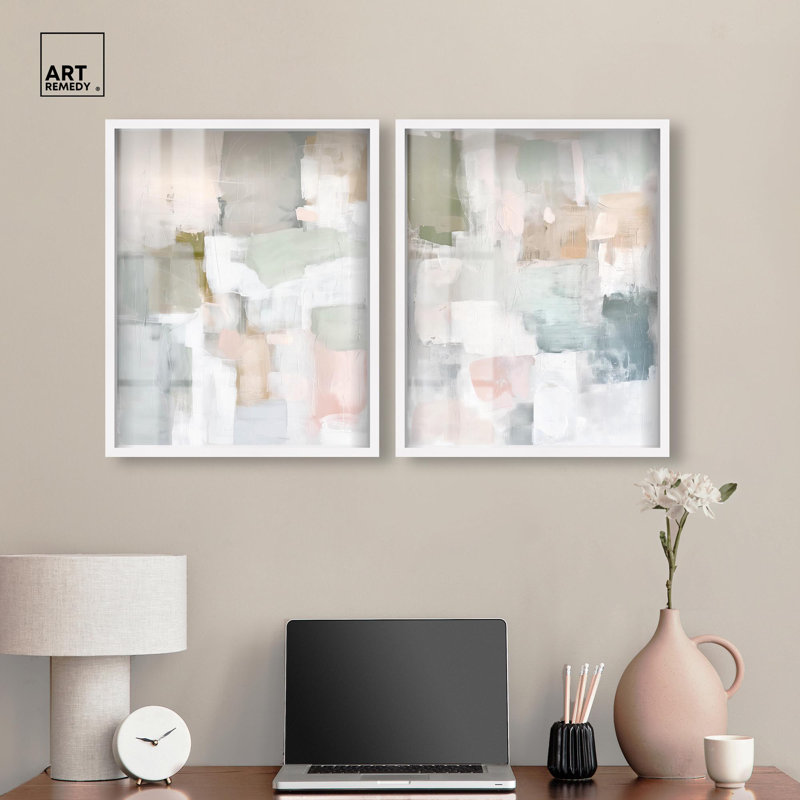 «Serene Abstract Duo Shadowbox», ensemble d'art mural abstrait par Art Remedy, H 25 po x l 21 po, Cadre blanc