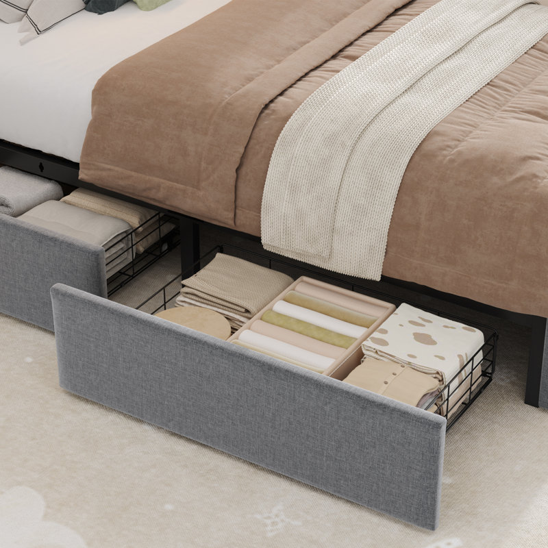 Structure de lit tapissier, lit de rangement avec DEL et station de charge, Simple, Gris