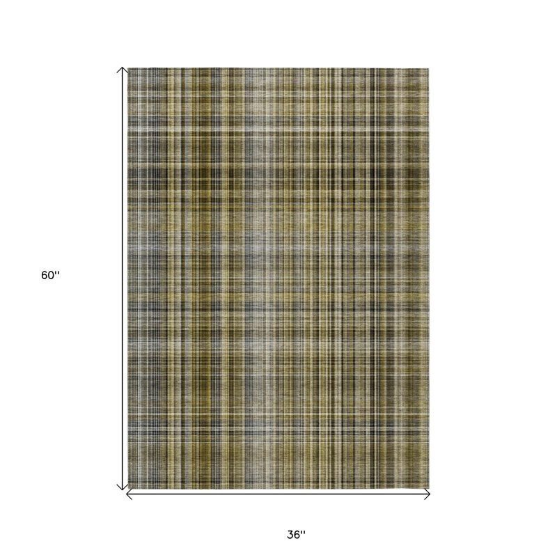3' X 5' Taupe Plaid Washable Non Skid Indoor Outdoor Area Rug