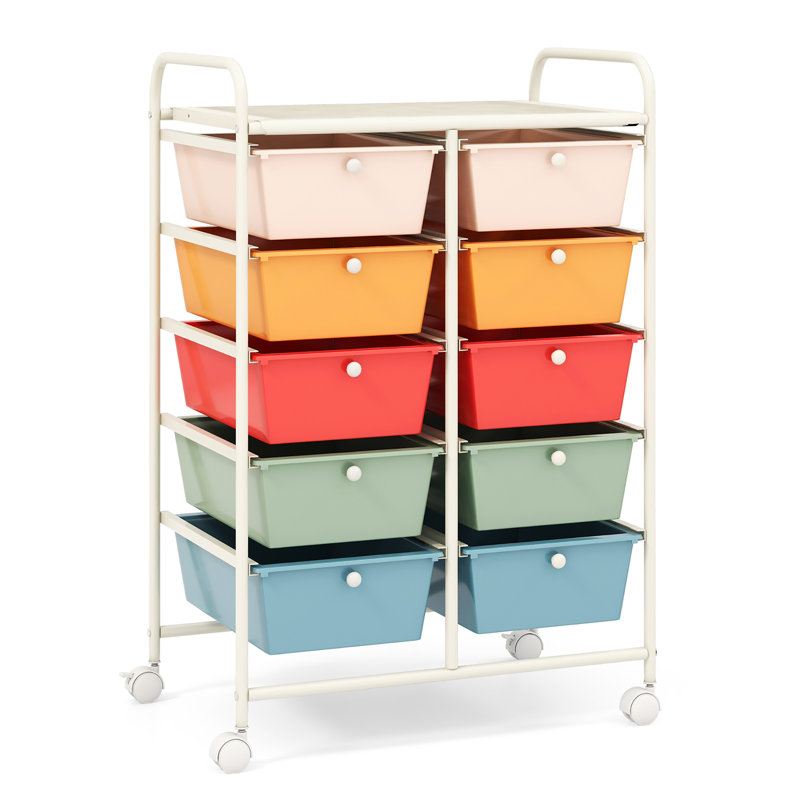 Milin 10 Drawer Storage Drawer with Locking Wheels, Blue/Green/Red