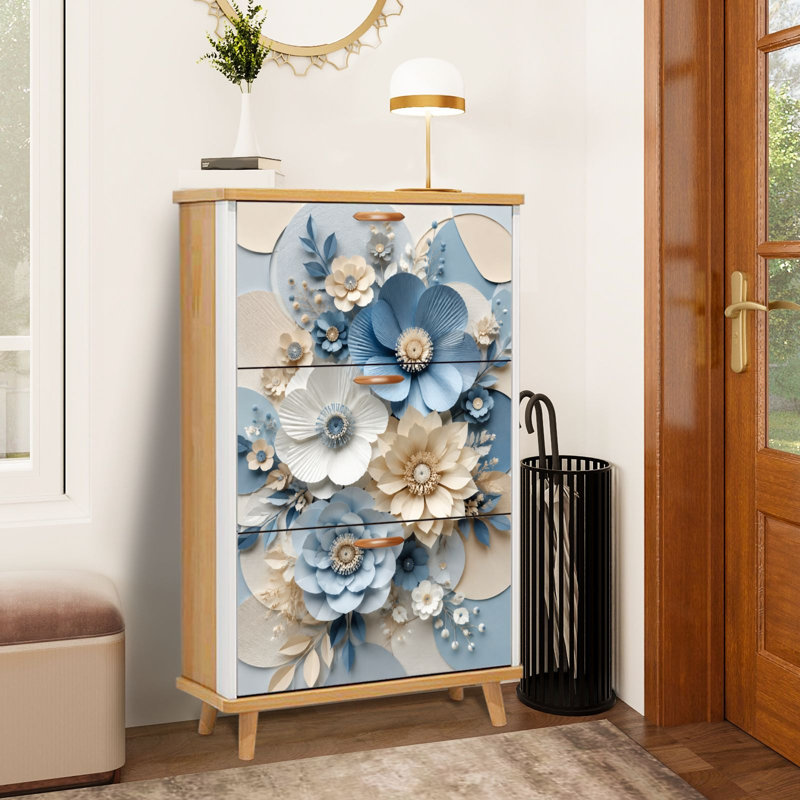 Armoire de rangement pour chaussures avec 3 tiroirs rabattables pour élégantes fleurs en papier beiges bleues et pétales superposés