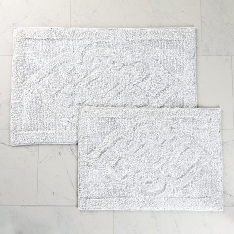 Myra Medallion Textured Machine Washable 2 Piece Bathroom Rug Set, LARGE- 2 Piece Set, White