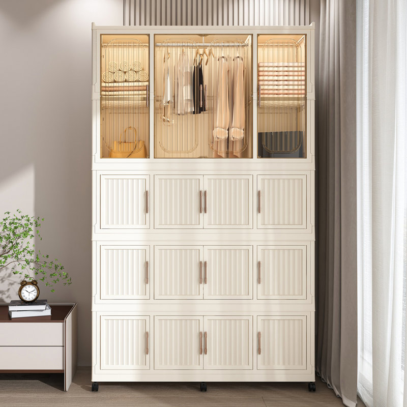 Portable Wardrobe Closet Storage Organizer For Clothes,Clothes Dresser,17 Magnetic Doors17 Cubes & 1 Hanging Rod,6 Pcs Hangers , Baby Wardrobe Storage Cabinet,White