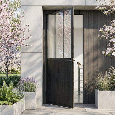 Porte intérieure en aluminium noir mat 30 po × 80 po, panneau supérieur en verre trempé à rayures soyeuses et panneau inférieur en MDF à grain de bois, porte simple à ouverture réversible