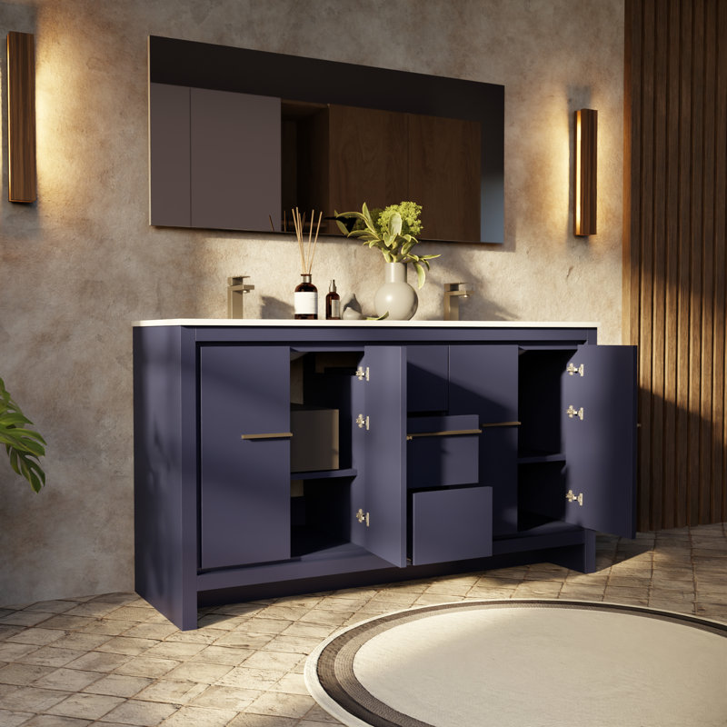 Ensemble de meuble-lavabo double 60 po avec miroir Lafarre, Marine, Quartz blanc