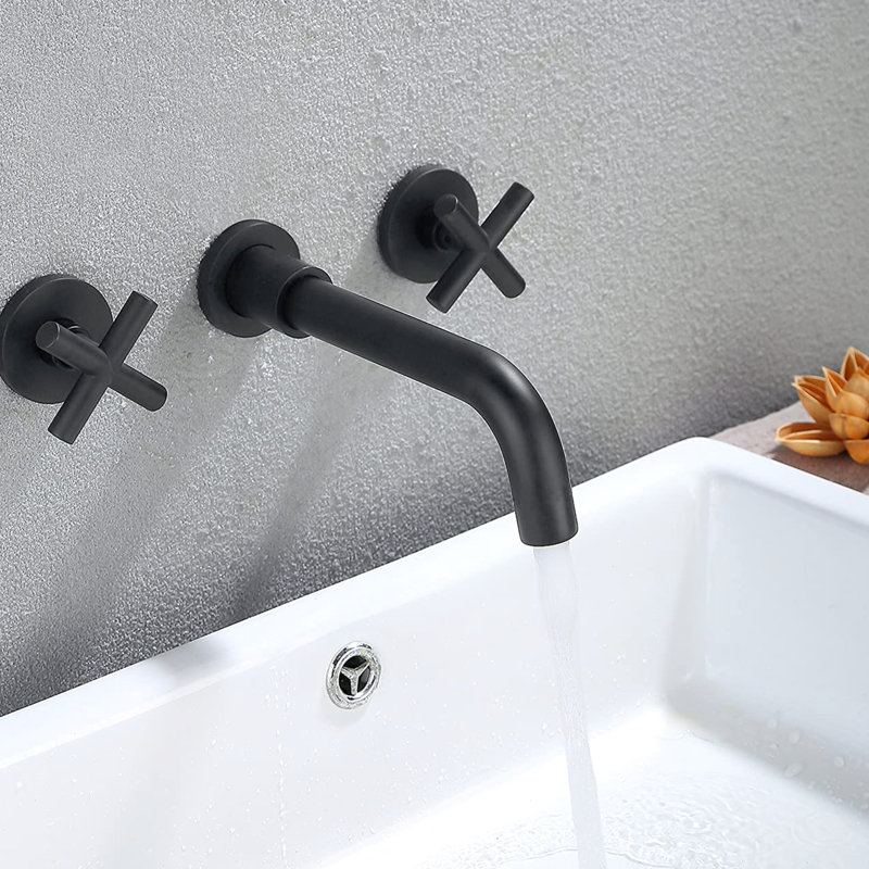 Wall Mounted Bathroom Sink Faucet In Matte Black With Pop-Up Drain  No Overflow . Two Classic Cross Handles For Accurate Water Temperature And Flow Command. Splash Aerator A Calm Flow. Brass