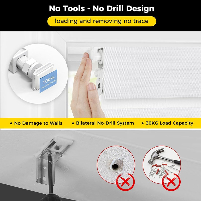 Store sans fil sans perçage pour fenêtres - stores filtrants de lumière à double couche en tissu de lin, couvre-fenêtres en lin blanc