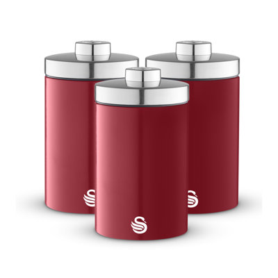 Swan Townhouse Set of 3 1.6L Kitchen Storage Canisters for Tea, Coffee, and Sugar with Pull Chrome Handles, Airtight Lids, Colour Coated Iron and Chrome Accents